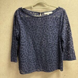 LOFT M Womens Dark Blue Light Lace Top Medium 3/4 Sleeve Boat Neck Casual Blouse